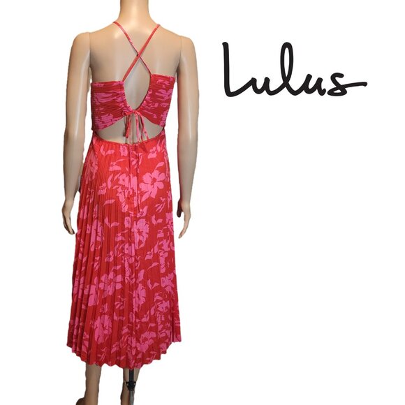 Lulu’s Vibrant Moment Floral Pleated Lace-Up Midi Dress NWT Red & Pink Med - Picture 2 of 13